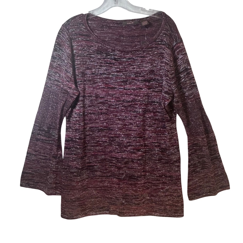 Heather B Womens Brandy Wine Metallic Knit Bell Sleeve Top XL 14214BM New